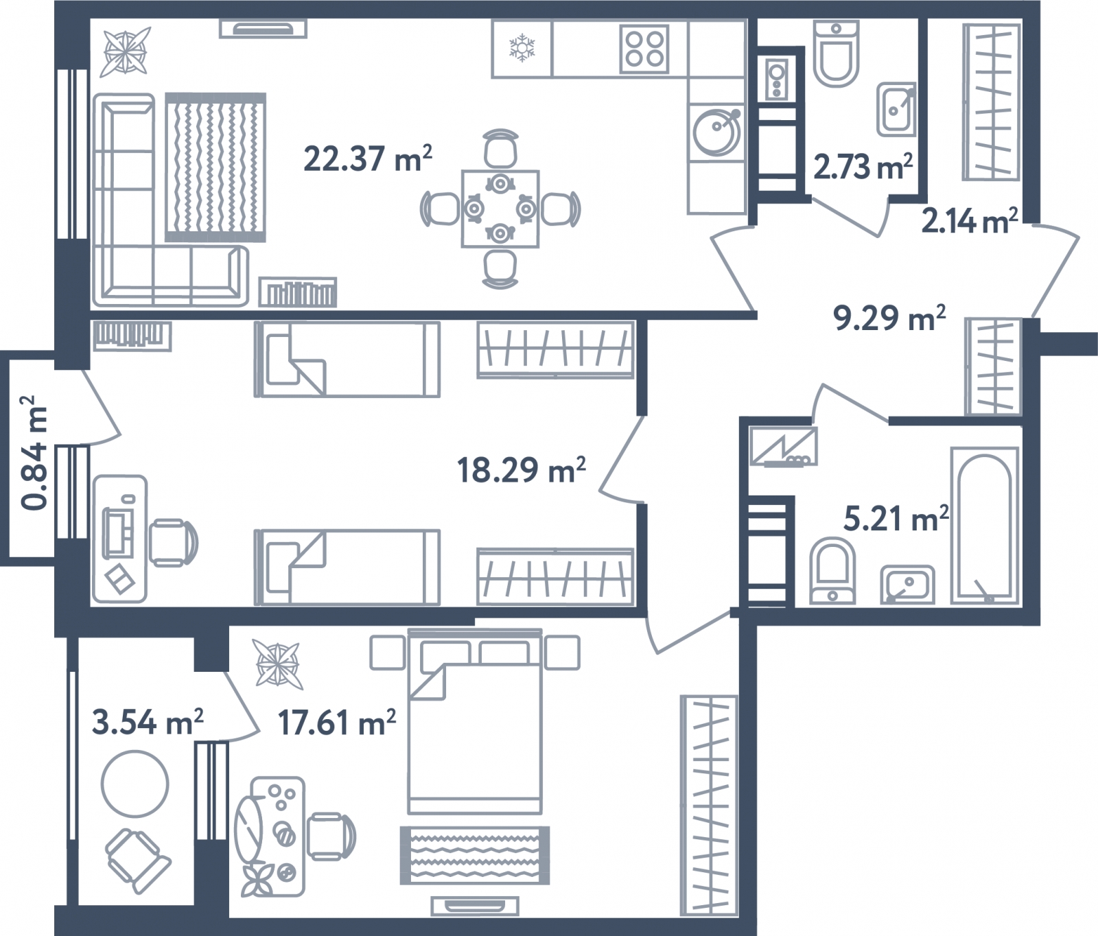 2-комнатная квартира в ЖК Дыхание на 17 этаже в 1 секции. Сдача в 2 кв. 2016 г.