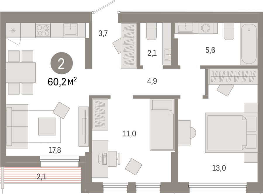 2-комнатная квартира в ЖК Аннино Парк на 13 этаже в 1 секции. Сдача в 2 кв. 2019 г.